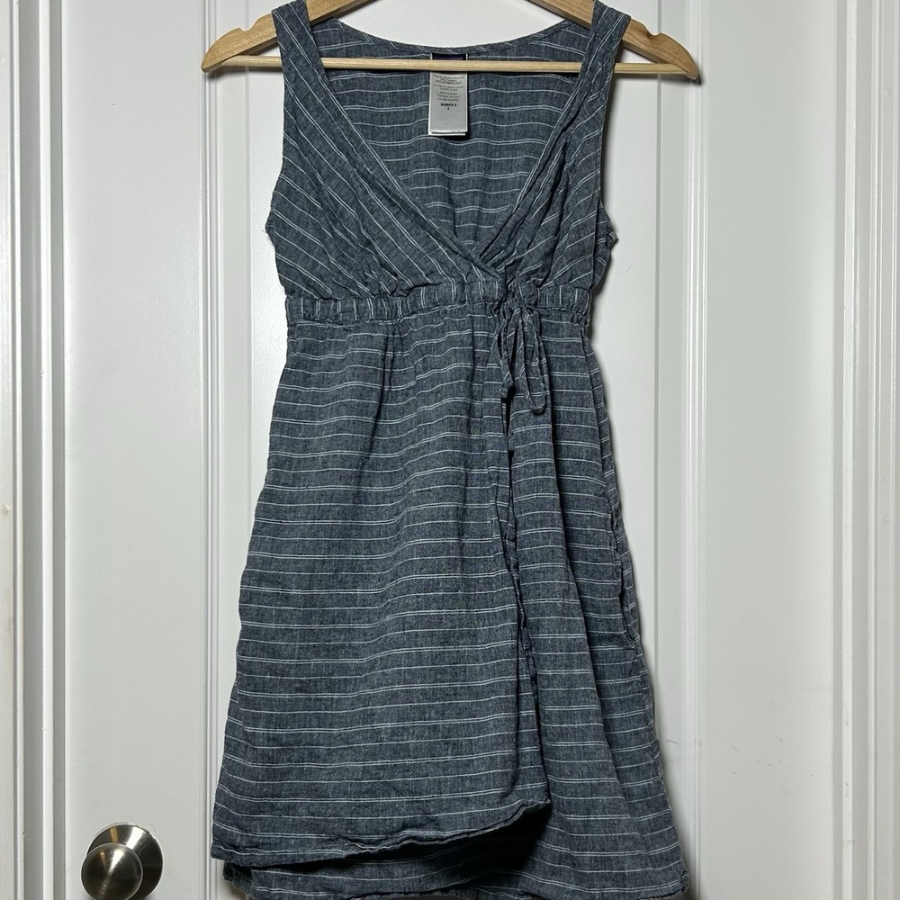 Patagonia Hemp Organic Cotton Blend Navy Pinstripe Wrap Empire Waist Mini Dress